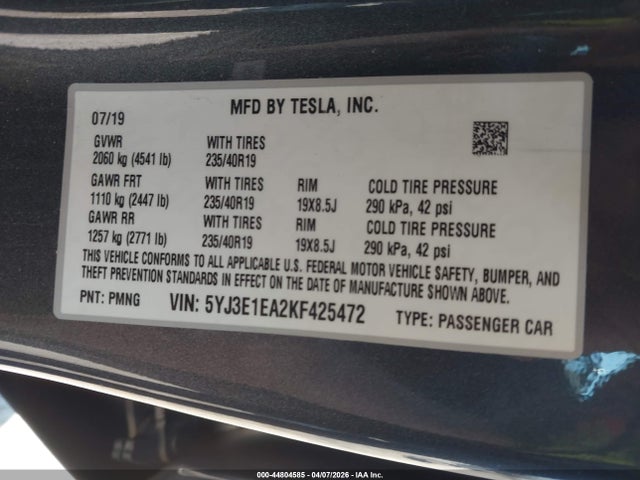 44804585 :رقم المزاد ، 5YJ3E1EA2KF425472 vin ، 2019 Tesla Model 3 Long Range/mid Range/standard Range/standard Range Plus مزاد بيع