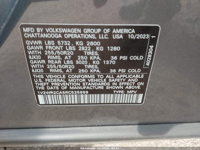 Продажа на аукционе авто 2024 Volkswagen Atlas 2.0t Se W/technology, vin: 1V2WR2CA5RC525999, номер лота: 44804609
