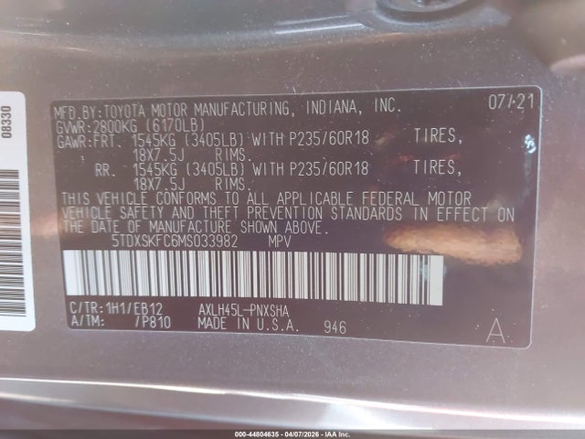 Aukcja sprzedaży 2021 Toyota Sienna Xse, vin: 5TDXSKFC6MS033982, numer aukcji: 44804635