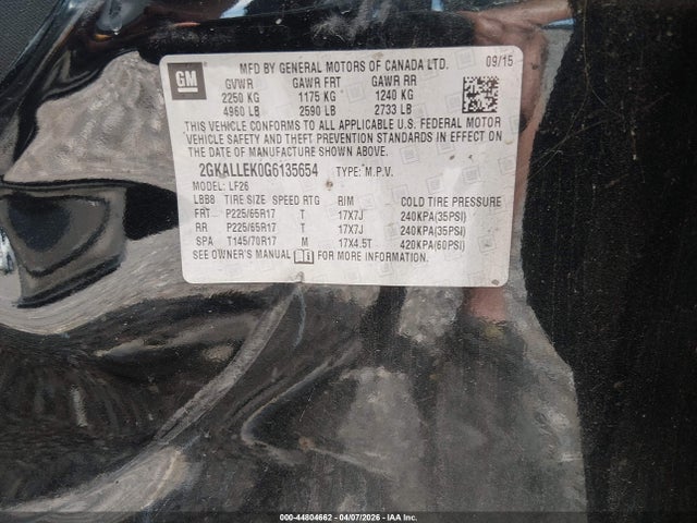 Aukcja sprzedaży 2016 Gmc Terrain Sl, vin: 2GKALLEK0G6135654, numer aukcji: 44804662