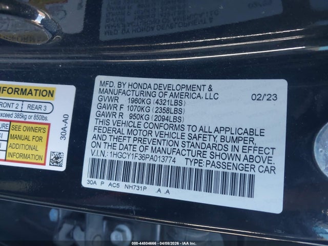 44804666 :رقم المزاد ، 1HGCY1F36PA013774 vin ، 2023 Honda Accord Ex مزاد بيع