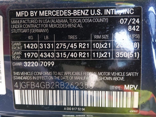 2024 Mercedes-benz Gle 450 Plug-in Hybrid 4matic მანქანა იყიდება აუქციონზე, vin: 4JGFB4GB2RB262358, აუქციონის ნომერი: 44804669