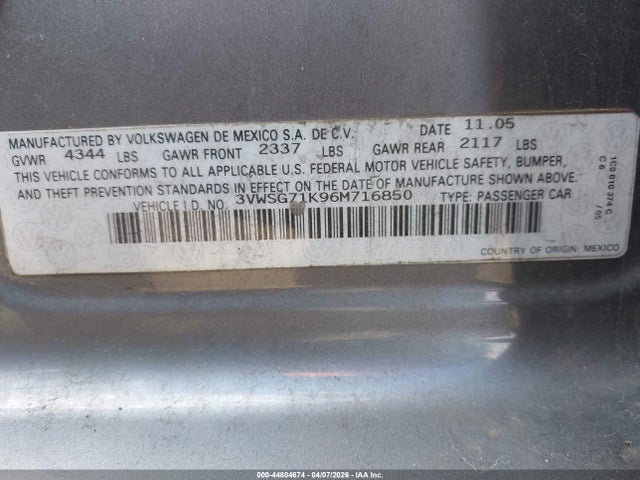 44804674 :رقم المزاد ، 3VWSG71K96M716850 vin ، 2006 Volkswagen Jetta 2.5 مزاد بيع