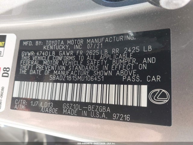44804675 :رقم المزاد ، 58ADZ1B15MU106451 vin ، 2021 Lexus Es 350 مزاد بيع