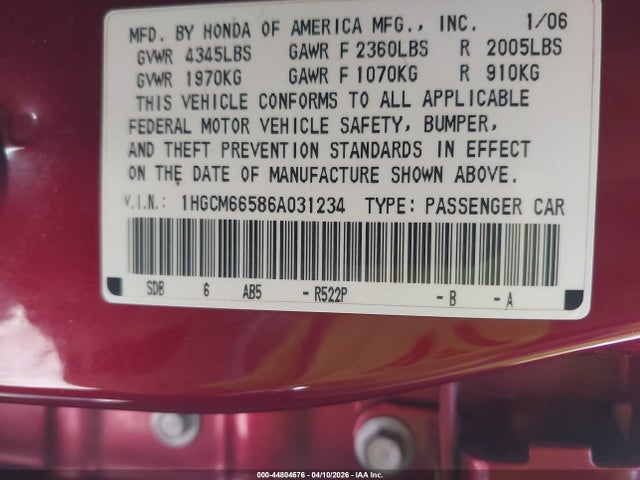 2006 Honda Accord 3.0 Ex მანქანა იყიდება აუქციონზე, vin: 1HGCM66586A031234, აუქციონის ნომერი: 44804676