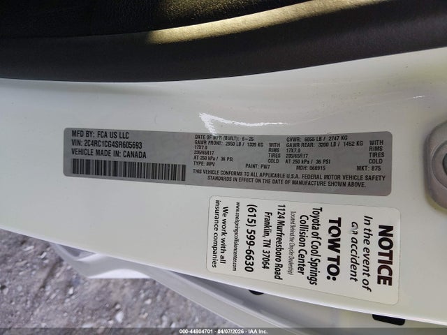 44804701 :رقم المزاد ، 2C4RC1CG4SR605693 vin ، 2025 Chrysler Voyager Lx مزاد بيع