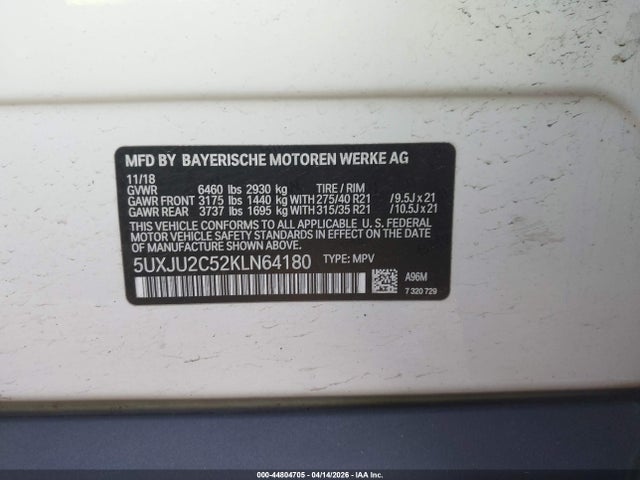 44804705 :رقم المزاد ، 5UXJU2C52KLN64180 vin ، 2019 Bmw X5 Xdrive50i مزاد بيع