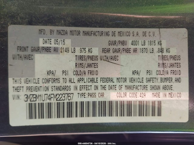 Auction sale of the 2015 Mazda Mazda3 I Sport, vin: 3MZBM1U74FM223767, lot number: 44804736