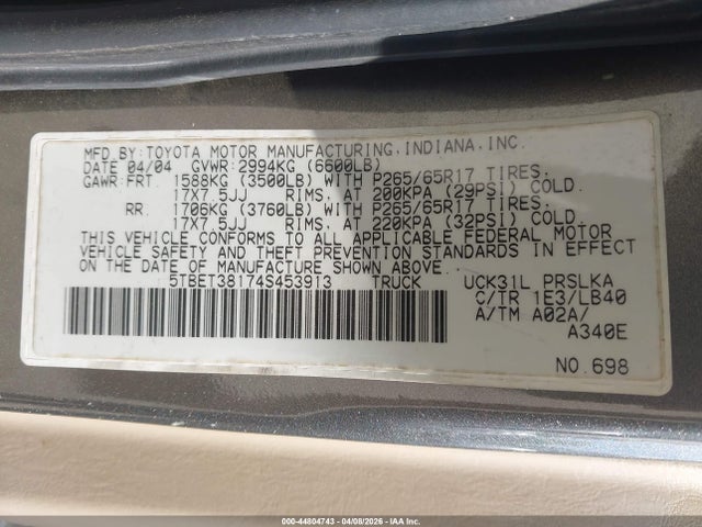 Aukcja sprzedaży 2004 Toyota Tundra Ltd, vin: 5TBET38174S453913, numer aukcji: 44804743