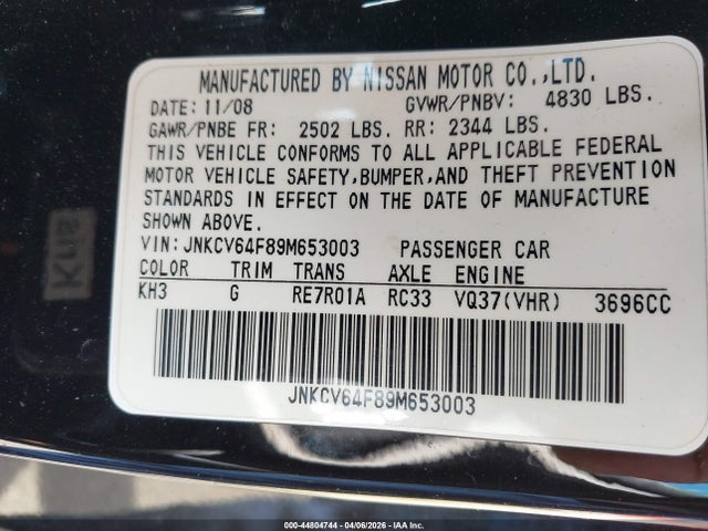 44804744 :رقم المزاد ، JNKCV64F89M653003 vin ، 2009 Infiniti G37x مزاد بيع
