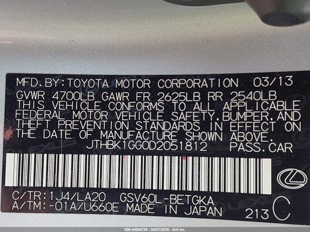 Продажа на аукционе авто 2013 Lexus Es 350, vin: JTHBK1GG0D2051812, номер лота: 44804755