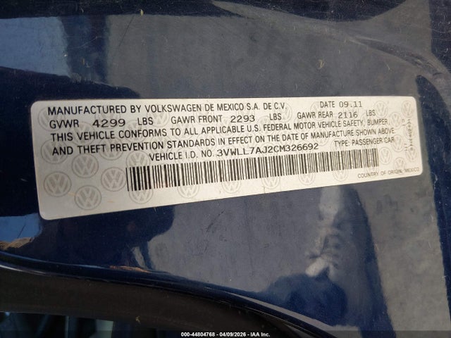 2012 Volkswagen Jetta 2.0l Tdi მანქანა იყიდება აუქციონზე, vin: 3VWLL7AJ2CM326692, აუქციონის ნომერი: 44804768