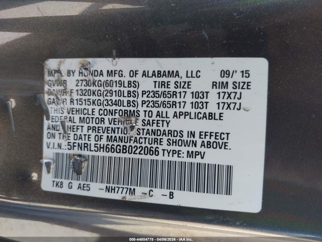 2016 HONDA ODYSSEY 5FNRL5H66GB022066 Photo 8