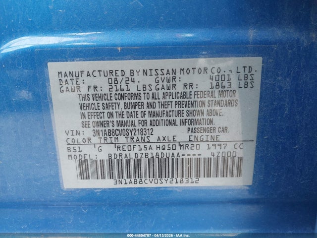 2025 Nissan Sentra Sv მანქანა იყიდება აუქციონზე, vin: 3N1AB8CV0SY218312, აუქციონის ნომერი: 44804787