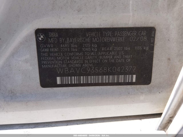 44804800 :رقم المزاد ، WBAVC93568K042372 vin ، 2008 Bmw 328xi مزاد بيع