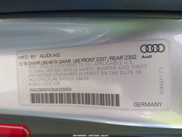 Aukcja sprzedaży 2019 Audi A4 40 Premium/40 Titanium Premium, vin: WAUGMAF42KA033059, numer aukcji: 44804807