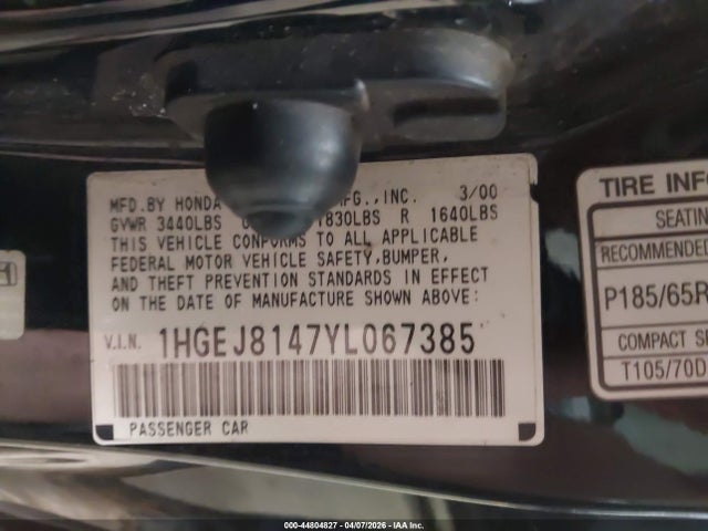 44804827 :رقم المزاد ، 1HGEJ8147YL067385 vin ، 2000 Honda Civic Ex مزاد بيع