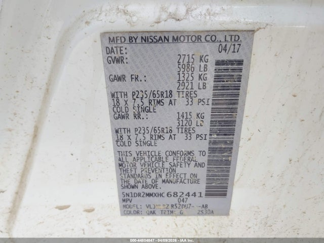 44804847 :رقم المزاد ، 5N1DR2MMXHC682441 vin ، 2017 Nissan Pathfinder S مزاد بيع