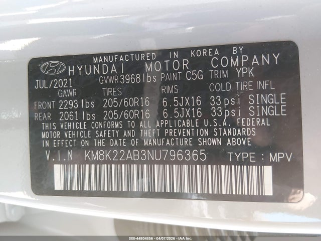 Aukcja sprzedaży 2022 Hyundai Kona Se, vin: KM8K22AB3NU796365, numer aukcji: 44804856