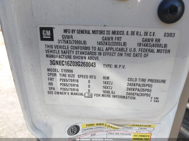 2003 Chevrolet Suburban 1500 Ls მანქანა იყიდება აუქციონზე, vin: 3GNEC16Z03G260043, აუქციონის ნომერი: 44804864