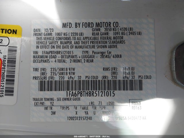 2024 Ford Mustang Ecoboost Premium Fastback მანქანა იყიდება აუქციონზე, vin: 1FA6P8TH8R5121015, აუქციონის ნომერი: 44804871