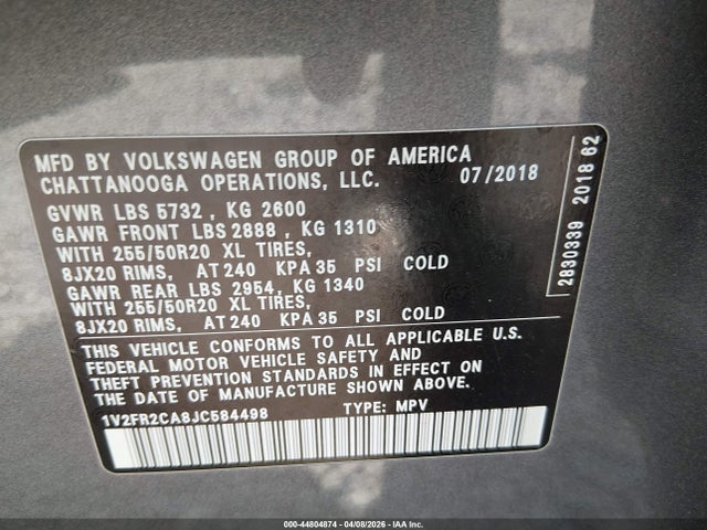 44804874 :رقم المزاد ، 1V2FR2CA8JC584498 vin ، 2018 Volkswagen Atlas 3.6l V6 Se W/technology مزاد بيع