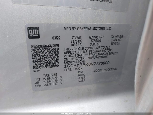 1GCPYBEK0NZ230900 Chevrolet Silverado 1500 Ltd 4wd Short Bed Custom
