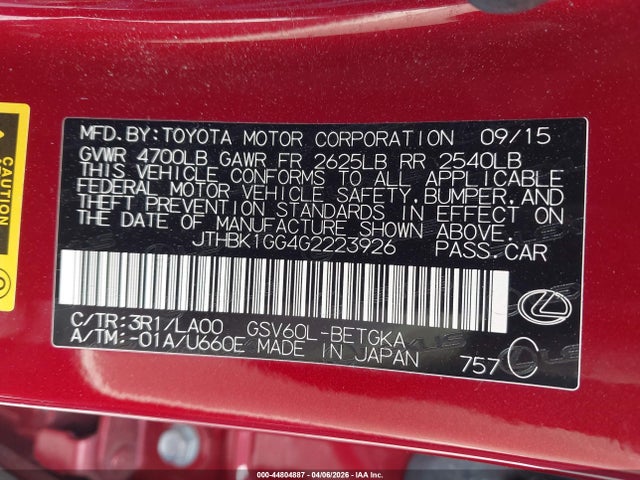 44804887 :رقم المزاد ، JTHBK1GG4G2223926 vin ، 2016 Lexus Es 350 مزاد بيع