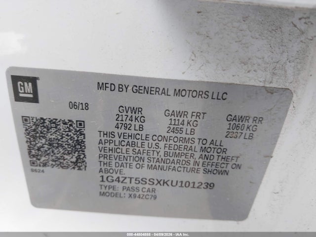 44804888 :رقم المزاد ، 1G4ZT5SSXKU101239 vin ، 2019 Buick Lacrosse Awd Premium مزاد بيع