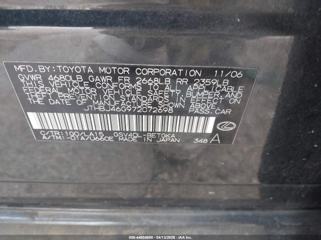 Aukcja sprzedaży 2007 Lexus Es 350, vin: JTHBJ46G972072698, numer aukcji: 44804890