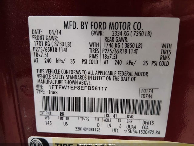 2014 FORD F-150 1FTFW1EF8EFB58117 Photo 8