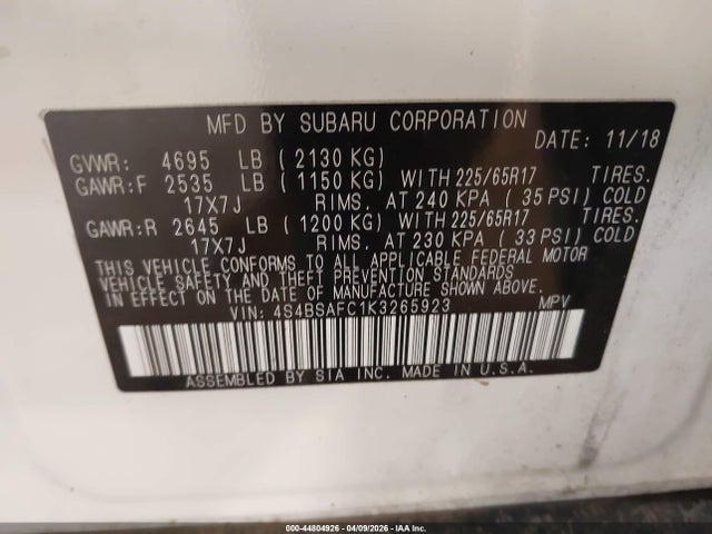 Auction sale of the 2019 Subaru Outback 2.5i Premium, vin: 4S4BSAFC1K3265923, lot number: 44804926