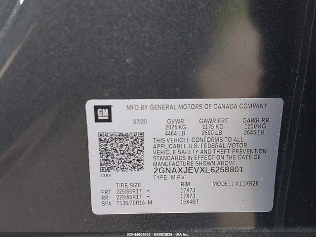44804952 :رقم المزاد ، 2GNAXJEVXL6258801 vin ، 2020 Chevrolet Equinox Fwd 2fl مزاد بيع