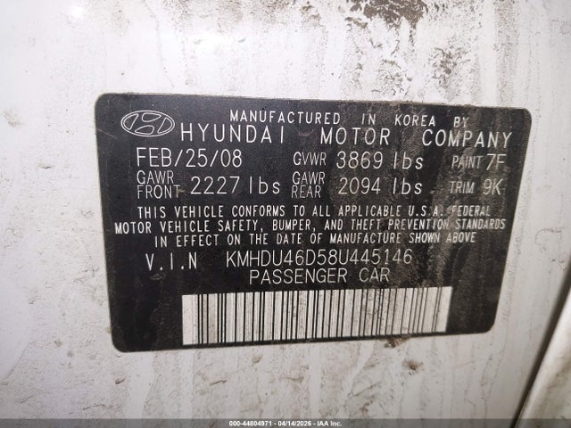 2008 Hyundai Elantra Gls/se მანქანა იყიდება აუქციონზე, vin: KMHDU46D58U445146, აუქციონის ნომერი: 44804971