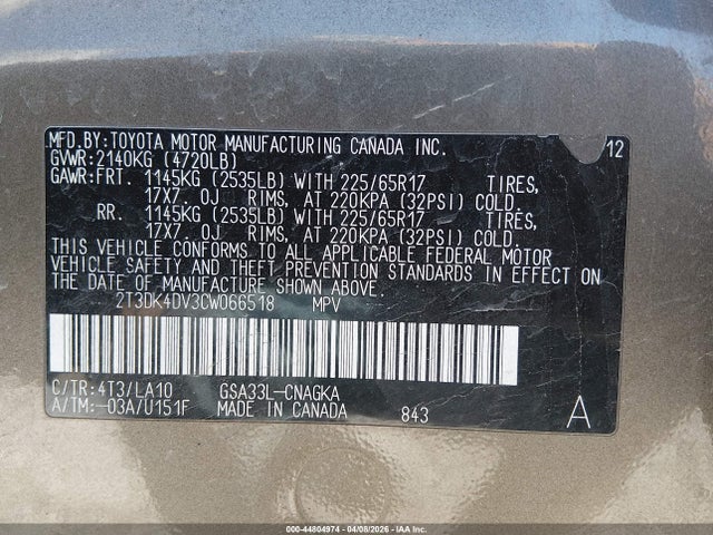 44804974 :رقم المزاد ، 2T3DK4DV3CW066518 vin ، 2012 Toyota Rav4 Limited V6 مزاد بيع