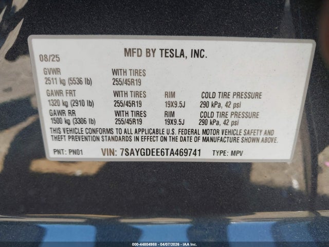 2026 Tesla Model Y All-wheel Drive/long Range Launch Series/premium All-wheel Drive მანქანა იყიდება აუქციონზე, vin: 7SAYGDEE6TA469741, აუქციონის ნომერი: 44804988