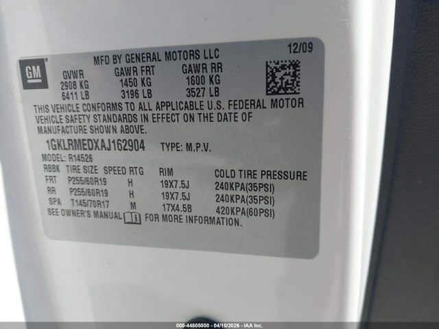 Aukcja sprzedaży 2010 Gmc Acadia Slt-1, vin: 1GKLRMEDXAJ162904, numer aukcji: 44805000