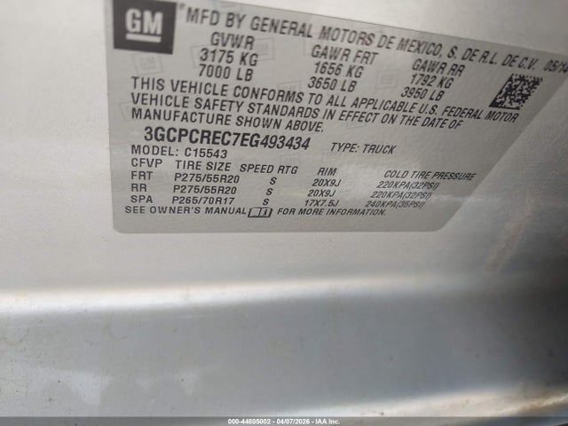 2014 Chevrolet Silverado 1500 1lt მანქანა იყიდება აუქციონზე, vin: 3GCPCREC7EG493434, აუქციონის ნომერი: 44805002