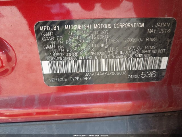 Продаж на аукціоні авто 2018 Mitsubishi Eclipse Cross Le, vin: JA4AT4AAXJZ069036, номер лоту: 44805007