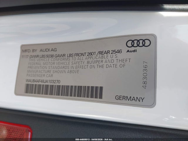 2018 Audi S4 3.0t Premium Plus მანქანა იყიდება აუქციონზე, vin: WAUB4AF48JA103270, აუქციონის ნომერი: 44805013