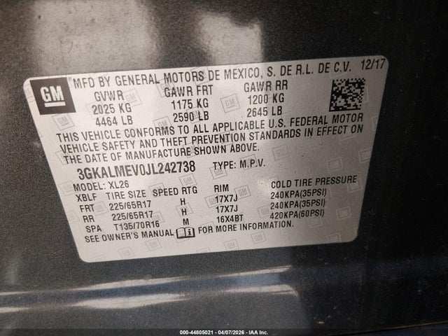 44805021 :رقم المزاد ، 3GKALMEV0JL242738 vin ، 2018 Gmc Terrain Sle مزاد بيع