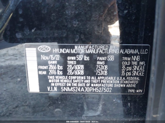 Aukcja sprzedaży 2023 Hyundai Santa Fe Sel, vin: 5NMS24AJ0PH527502, numer aukcji: 44805025