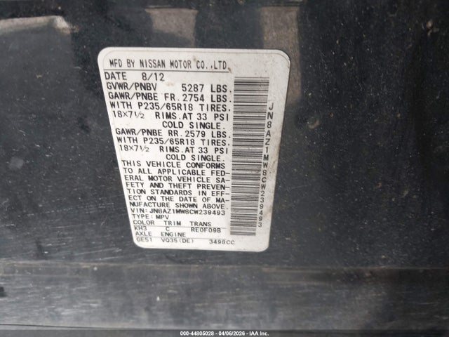 Aukcja sprzedaży 2012 Nissan Murano S, vin: JN8AZ1MW8CW239493, numer aukcji: 44805028