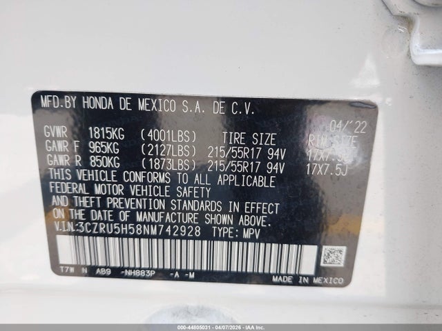 3CZRU5H58NM742928 Honda Hr-v 2wd Ex
