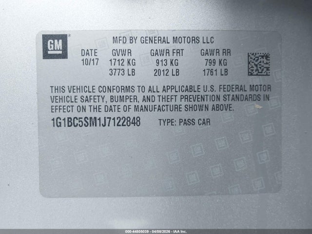2018 Chevrolet Cruze Ls Auto მანქანა იყიდება აუქციონზე, vin: 1G1BC5SM1J7122848, აუქციონის ნომერი: 44805039