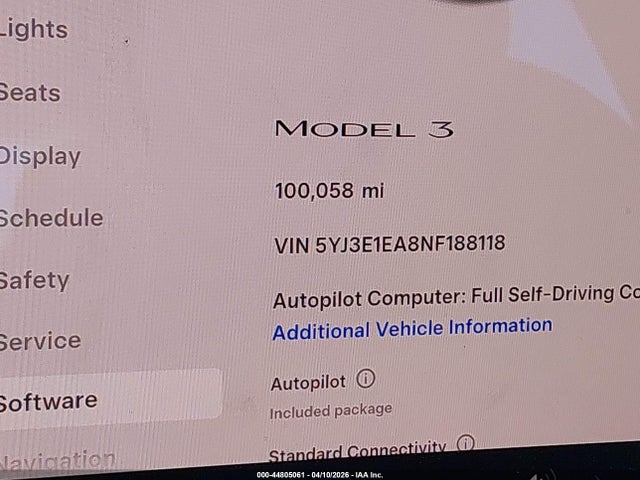 44805061 :رقم المزاد ، 5YJ3E1EA8NF188118 vin ، 2022 Tesla Model 3 Rear-wheel Drive مزاد بيع