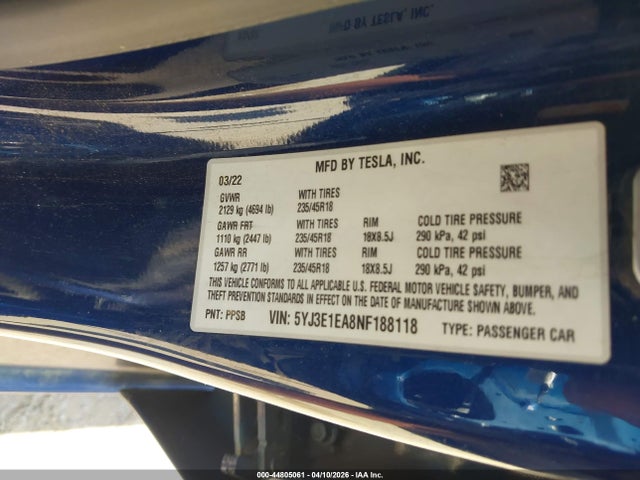 44805061 :رقم المزاد ، 5YJ3E1EA8NF188118 vin ، 2022 Tesla Model 3 Rear-wheel Drive مزاد بيع