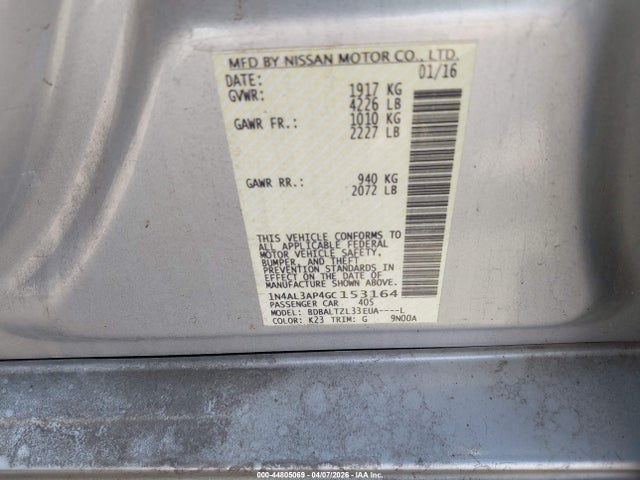 Aukcja sprzedaży 2016 Nissan Altima 2.5 Sl, vin: 1N4AL3AP4GC153164, numer aukcji: 44805069