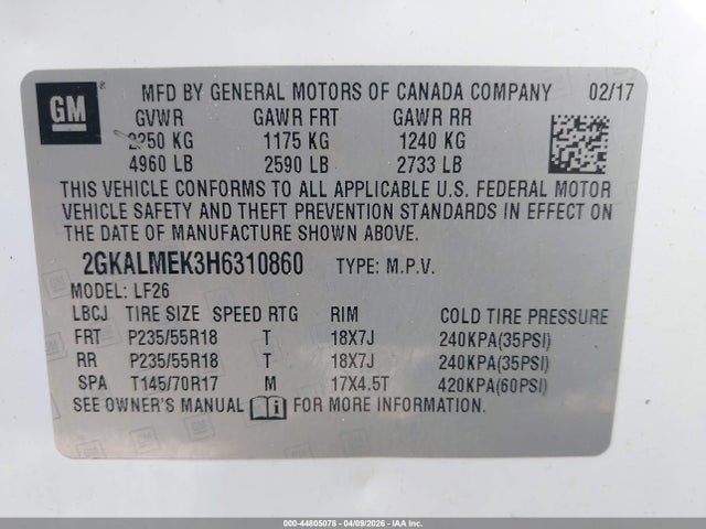 GMC Terrain Sle-1 2017 2GKALMEK3H6310860 Image 9