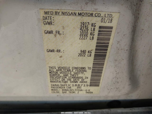 Aukcja sprzedaży 2018 Nissan Altima 2.5 Sr, vin: 1N4AL3AP1JC188719, numer aukcji: 44805083